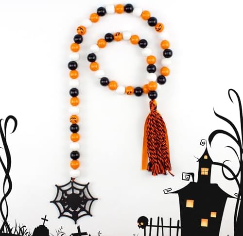 Halloween Tray Decor Wooden Bead Garland with Tassel Farmhouse Beads Garlands Halloween Tiered Tray Decorations Wooden Wall Hanging Beads Garland Halloweens Party Decor Orange
