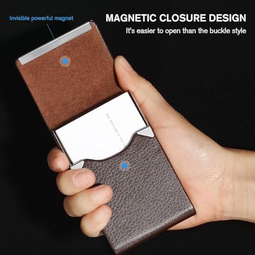 Image of ZIBUYU Business Card Holder Metal Visiting Card Case Classy Card Holder for Women & Men PU Leather Wallet Card Case with Metal Magnetic Clasp, 20 Cards (6x9.5cm) - Coffee Brown