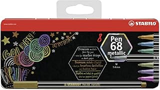 Metallic Premium Felt Tip Pen - STABILO Pen 68 Metallic - Tin of 8 - Assorted Colours - with Hanging Device