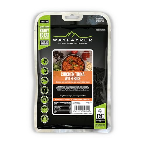 Wayfayrer Chicken Tikka with Rice 300g Ready to Eat Hot or Cold Meal Pouch Recommended for Duke of Edinburghs Award Expeditions Camping Hiking Fishing and Outdoor Adventures
