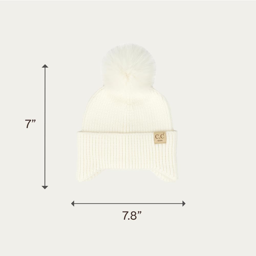 C.C Kids Ear Flap Fur Pom Beanie for Boys Girls - Comfortable Soft Warm Children Youth Knit Skully Hat with Faux Fur Pom - Image 3