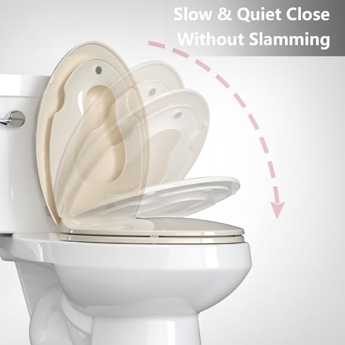 Toilet Seat Elongated,Toilet Seat with Toddler Seat Built in, Potty Training Toilet Seat Fits Both Adult and Child, with Soft Close, Easy Install and Clean - Fits Most Elongated Toilets Almond