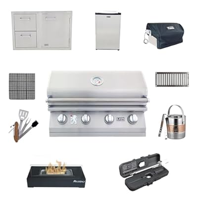 Lion Premium Grills | BBQ Gas Grill Bundle | 32 Inch Grill Package 1 (Propane Gas), Door & Two Drawers Combo, 4.5 Cubic Refrigerator, Vent Enclosure, Rubber Mat, Grilling Tools and More