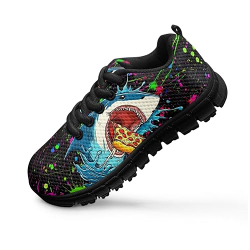 Pointodoor Funny Shark Sneakers for Boys Fashion 3D Animal Shoe for Kids Breathable Knitted Mesh Athletic Shoes Lightweight Slip On Tennis Running Walking Shoes