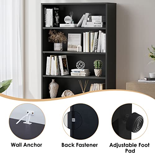 Stary 5 Shelf Bookcase Black Tall Bookshelf For Bedroom 5 Tier Modern Wood Bookshelf 33" Wide 60" Tall #TOP6