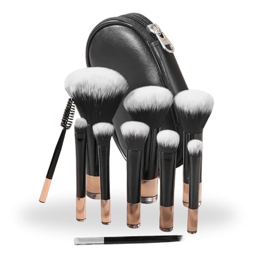 Kit 10 Pincéis De Maquiagem Com Estojo Para Viagem – Cerdas Macias, Travel Size, Necessaire inclusa, Mini Pincéis Para Base, Blush, Pó, Sombras e Corretivo, Portátil e Multifuncional (Preto)