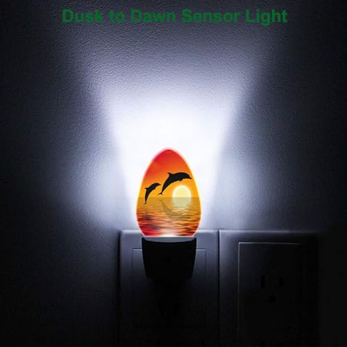 Image of Ocean Night Light Dolphins Jumping Sunset Sea Beach Plug-in Nightlight Energy Saving 0.5W LED Lighting for Boys Girls Men Women