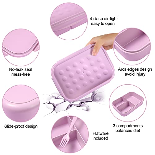 Jeopace Bento Box Adult Lunch Box,Bento Box For Adult,Lunch Containers For Adults With 3 Compartmrnts,Kids Bento Lunch Box Leakproof Microwave Safe(Flatware Included,Purple) #TOP2
