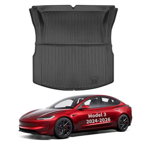 BurtyPokie Trunk Mat Compatible with Tesla Model 3 2024 2025 2026 (Highland) - Custom Fit All-Weather TPE Cargo Liner Waterproof Rear Boot Mat Heavy Duty Anti-Slip Interior Accessories Black