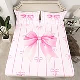Queen Size Pink Bow Bed Sheets,Elegant Ribbon Fitted Sheet Coquette Room Decor for Teen Girls,Pink Striped Bow Tie Sheets Princess Bed Set