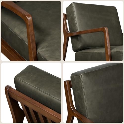 Image of Poly & Bark Verity Leather Accent Chair - Armchair with Walnut Wood Frame - Fashion-Forward Lounge Seating for Living Room - Upholstered in Olivine Green Leather for Modern Style