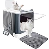 Cat Litter Box with Litter Mat, 17"x14"x13" Large Litter Box for Big Cats, Enclosed Removable Litter Boxs, Front Entry Top Exit Kitty Box, Odor Control, Easy to Clean (White Grey)