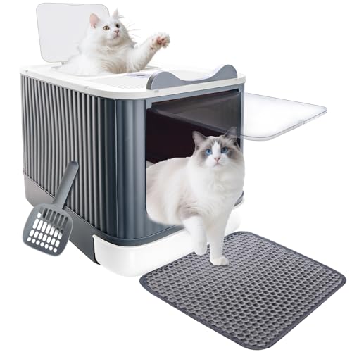 Cat Litter Box with Litter Mat, 17"x14"x13" Large Litter Box for Big Cats, Enclosed Removable Litter Boxs, Front Entry Top Exit Kitty Box, Odor Control, Easy to Clean (White Grey)