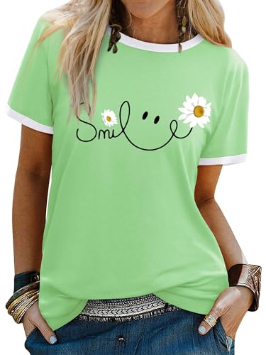 Image of Yihelian Tshirts Women Crew Neck Top Ladies Daisy Print Short Sleeve Tee Shirt Summer Smile Letter Printed Shirts Light Green