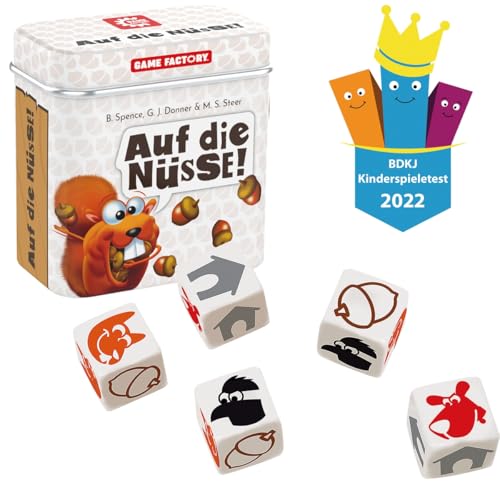 Game Factory 646273 Auf die Nüsse, das knackige Würfelspiel, Mini-Spiel in handlicher Metalldose, Reisespiel, für Erwachsene und Kinder ab 8 Jahren