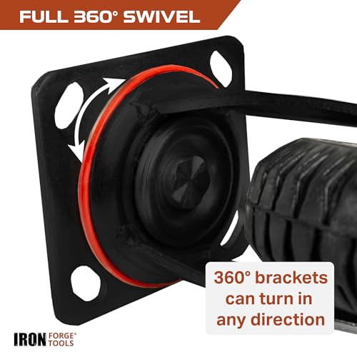 Image of Iron Forge Tools 8 Inch Heavy Duty Swivel Knobby Casters Set of 4, 7-7 /8 inchDiameter, Solid PU Knobby Tread Heavy Duty Caster Wheels, Swiveling Bases, Two Casters with Brakes, Two Without, Black & Red