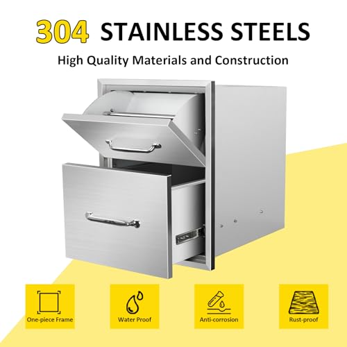 Image of Outdoor Kitchen Drawers with Paper Towel Holder 16 inch W x 20 inch H x 20 inch D Flush Mount BBQ Drawers with Chrome Handle,Stainless Steel Built-in Double Access Drawers for Outdoor Kitchen Island