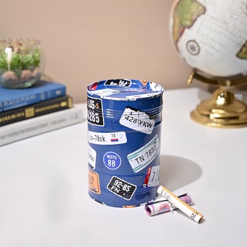 Image of Market99 Round Money Bank | Blue Tin Coin Bank with Glossy Finish & Quote Pattern | Durable Piggy Bank for Kids & Adults | Fun Savings Box for Home, Desk, Office Decor & Gift Purpose