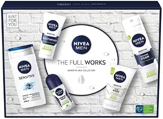 NIVEA MEN The Full Works Gift Set (5 Pieces), Men's Gift Set Includes Shower Gel, Face Wash, Moisturiser, Anti-Perspirant Roll-On, and Shaving Foam