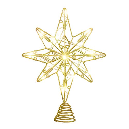 OSALADI Christmas Tree Topper Lighted Eight Pointed Star Tree Topper with String Lights Iron Wire Treetop Ornament for Christmas Tree Party Indoor Decoration (Gold)