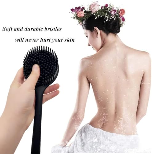 Image of Bathing Brush Practical Back Cleansing Scrubber Back Rubbing Silicone Body Double Sided Long Handle Anti-Slip Shower Bath Brush (Black)