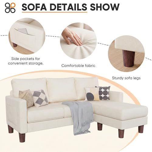 JUMMICO L Shape Sectional Sofa Couch, 3 Seat Convertible Sofa with Movable Ottoman and Side Storage Pockage, Modern Couches for Living Room & Apartment (Linen, White) by JUMMICO - Image 4