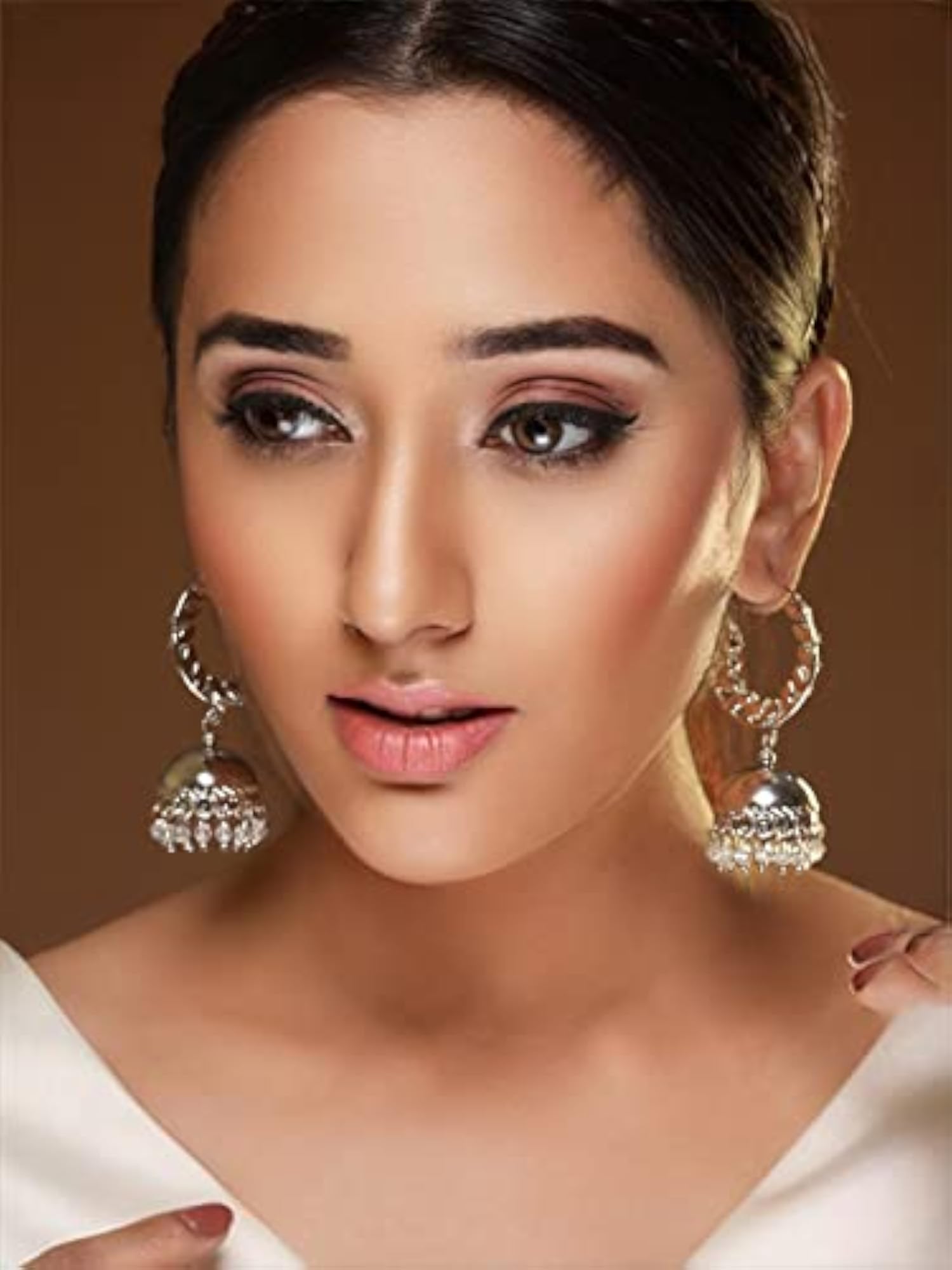 Women's Leaf-Cut AD Studded Hoop Jhumka Earrings