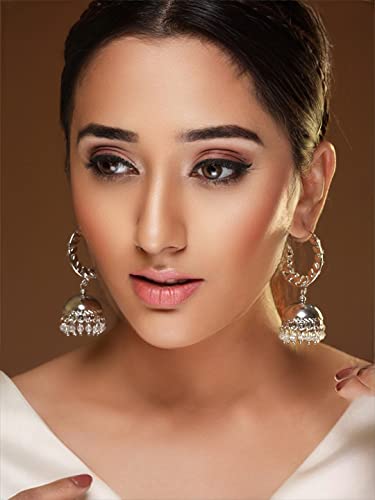 Women's Leaf-Cut AD Studded Hoop Jhumka Earrings