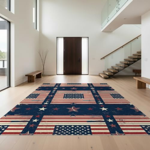 Design&I 5'x7' Washable Area Rug Stars Welcome Layout Vintage Stripe