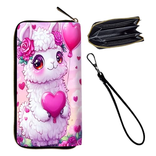 Wristlet Wallet for Women Teen Girls Womens Wallet RFID Blocking Credit Card Holder with Removable Wristlet,Leather Phone Wallet Clutch Large Capacity Ladies Travel Purs,Cute Love Heart Alpacas