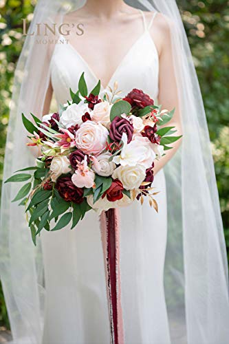 Ling's Moment 11 Inch Marsala & Blush Artificial Flowers Bridal Bouquet, Wedding Bouquets For Bride, For Wedding Ceremony And Anniversary #TOP2