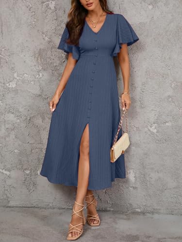 Image of Shasmi Girl's & Women's Pleated Midi Dress with Flutter Sleeves | V-Neck Western Dress for Women | Elegant A-Line Summer Outfit | Office & Casual Wear (Dress 244)
