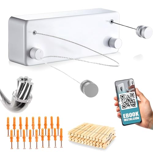 VITALIF® Super Tendedero Retractil Pared | 2 Cuerdas Acero Resistente 5.2m Cada una | Aluminio y PVC Premium | Soporta 25 kg, Tendedero Extensible Pared, 24 Pinzas y Accesorios | Blanco Minimalista