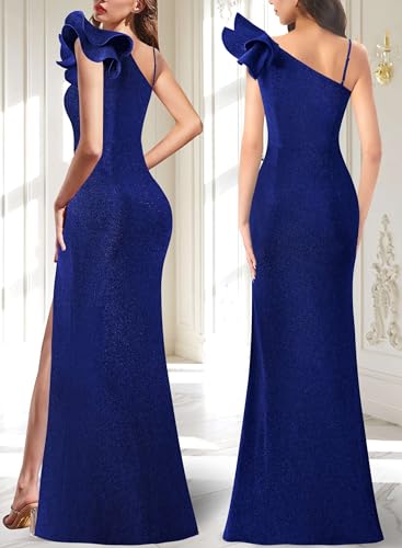 Image of VFSHOW Womens Ruffle One Shoulder Strap Ruched Formal Prom Wedding Maxi Dress V Neck Elegant Split Cocktail Evening Long Gown