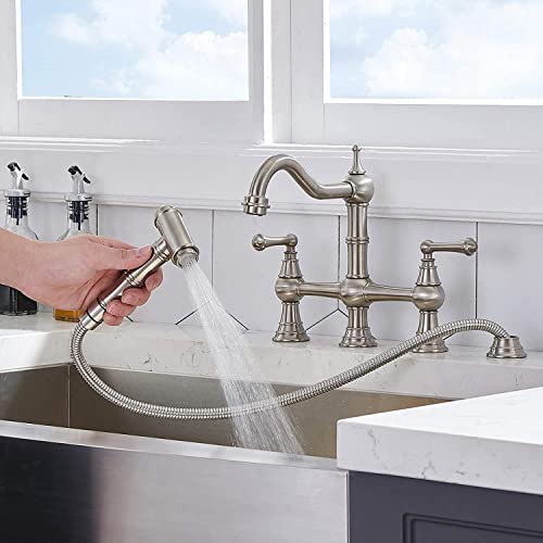 Vccucine Bridge Kitchen Faucet, 4 Hole Kitchen Faucet With Side Sprayer, Antique Brass 8 Inch Centerset 2 Handle Farmhouse Sink Faucet, Stainless Steel Kitchen Faucets For Sink 3 Hole #TOP1