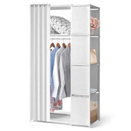 LEADZM Kleiderschrank offen mit Vorhang, Kleiderständer 5 Fächern freistehende Garderobe mit Kleiderstangen, Stoffablagen, Metallrahmen, 88 x 44 x 162 cm (Weiß, 88x44x162cm) LEADZM Kleiderschrank offen mit Vorhang, Kleiderständer 5 Fächern freistehende Garderobe mit Kleiderstangen, Stoffablagen, Metallrahmen, 88 x 44 x 162 cm (Weiß, 88x44x162cm)