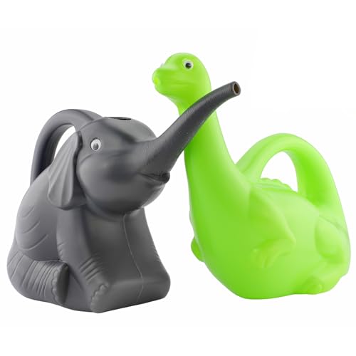 Cornucopia Elephant & Dinosaur Watering Cans (Combo Set of 2); Kids' Novelty Animal Watering Cans in Green & Gray