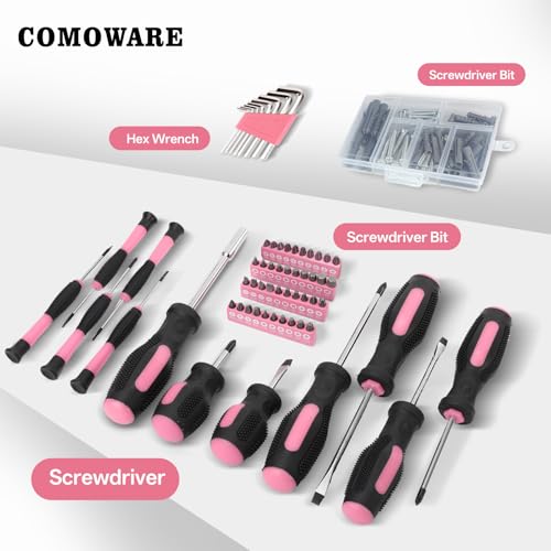 Kit de herramientas combinado 218 piezas con taladro inalámbrico 12V rosa miniatura 7