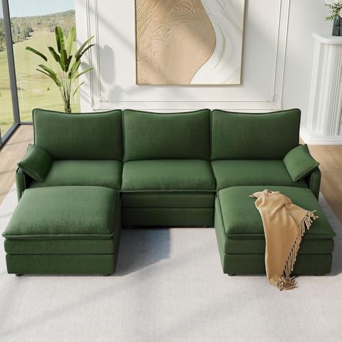 Image of Vesgantti 108 inch U Shaped Sectional Couch, Comfy Cloud Modular Sectional Sofa with 2 Ottoman Deep Seat Chenille Modern Cloud Sofa, Modular Sofas for Living Room, Bedroom and Apartment, Green