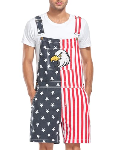 Yuanbang Flag Overalls and American Overalls with Eagle Embroidery American Flag Bibs and American Flag Shorts for Men and Women (L Red)
