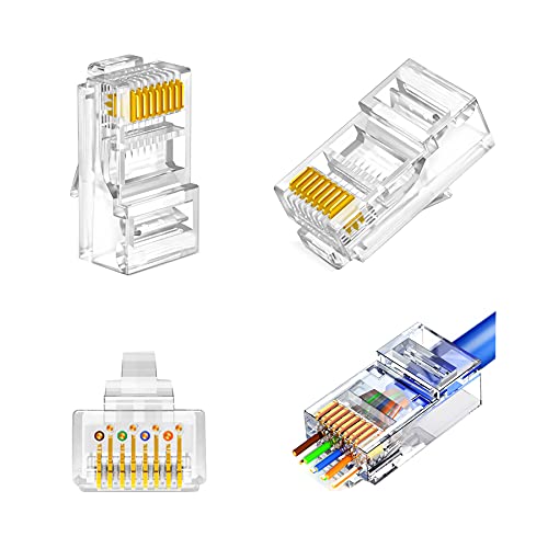 CAT6 Pass Through Connectors 50 Pack RJ45 End Plugs 8P8C 24AWG Ethernet Network Lan Flat Round Cable STP FTP Crimp Modular Gold Plated Connector CTA6a CTA5e CAT5