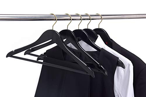 Quality Black Wooden Hangers - Slightly Curved Hanger Set Of 20-Pack - Solid Wood Coat Hangers With Stylish Chrome Hooks - Heavy-Duty Clothes, Jacket, Shirt, Pants, Suit Hangers (Black-Gold Hook, 20) #TOP3