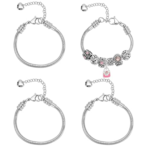 PH PandaHall 4pcs Snake Chain Bracelets 6.3” Adjustable Slider Bracelet Stainless Steel Bracelet Charm Bracelet fit Charm Beads European Snake Chain with Lobster Claw Clasp for Men Women