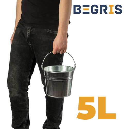 BEGRIS® Wiadro metalowe 5L ocynkowane mocne gospodarcze z Uchwytem Wiaderko do Prac budowlanych, Ogrodu, Gospodarstwa solidne Ocynk srebrne