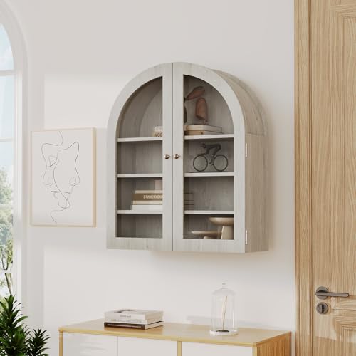 GarveeHome Small Arched Wall Cabinet with Acrylic Doors & Adjustable Shelves, Modern Natural Wood Wall-Mounted Storage Cabinet for Kitchen, Bathroom, Laundry Room, Compact & Space-Saving- Gray