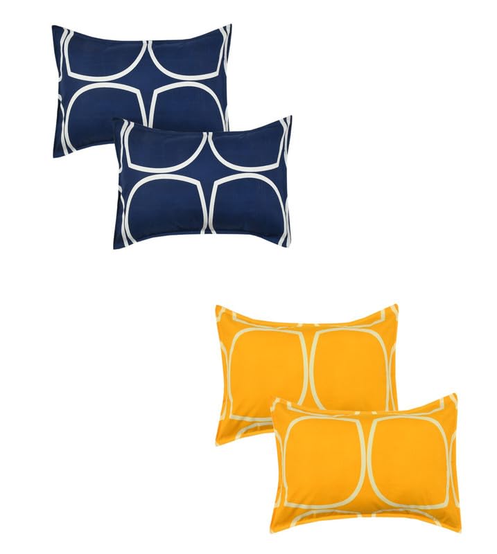 Image of Present Floral Designer Pattren Printed 4 Piece 100% Pure Cotton Pillow Cover Set- 20 inch X30 inch Inches, King Size - Navy Blue & Yellow