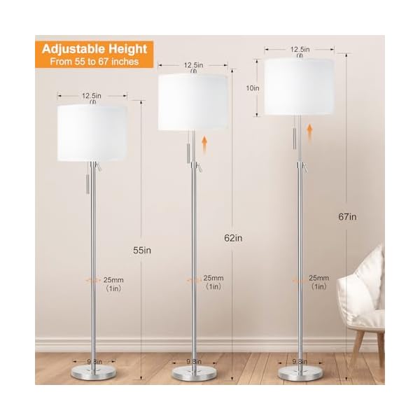 Brushed Nickel Floor Lamp for Living Room, Adjustable Height Standing Lamp with Metal Base, 3-Way Dimmable Tall Pole Light with White Linen Shade for Bedroom, Pull Chain Switch, 6W LED Bulb Included - Image 3