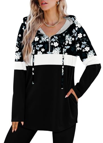 BETTE BOUTIK Womens Quarter Zip Tunic Hoodies Pullover Long Hooded Sweatshirts S-3XL