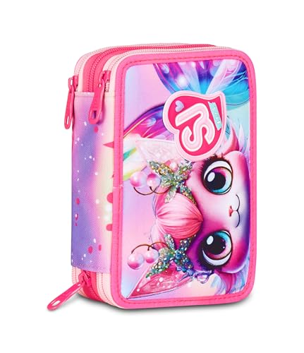 SJ GANG STYLE JAM GANG Astuccio Scuola 3 Zip Cat Led, Rosa, Portapenne Triplo Scomparto Completo Di Penne, Matite, Colori, Accessori Zaino, Scuola Elementare, Bambina