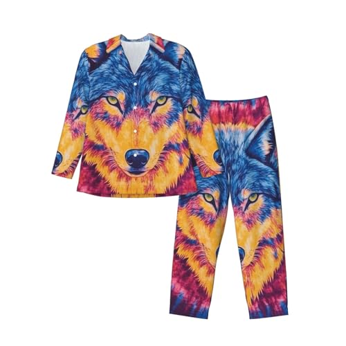 Tie Dye Pattern Of Wolf Mens Pajamas Set Button Down Sleepwear Set Long Sleeve Loungewear With Pockets3